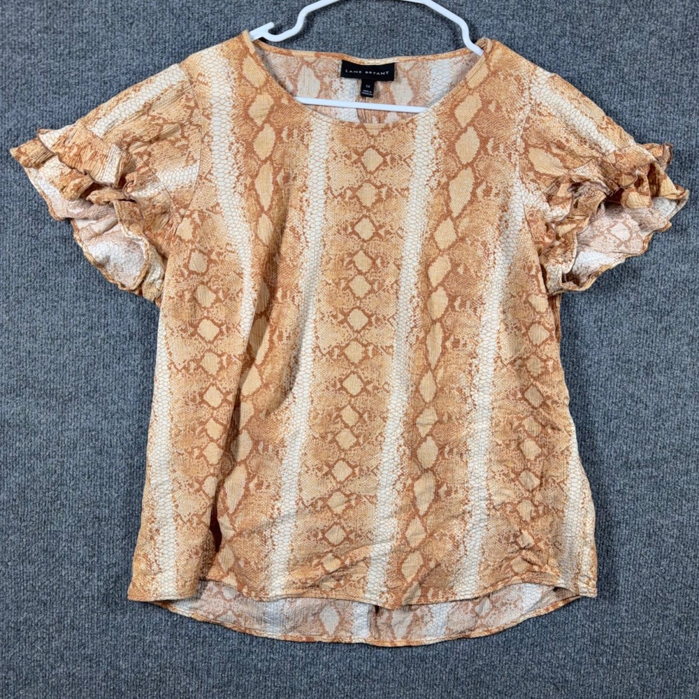 Lane Bryant Blouse Womens 14 Snakeskin Print Ruffle Flutter Sleeve‎ Orange Tan